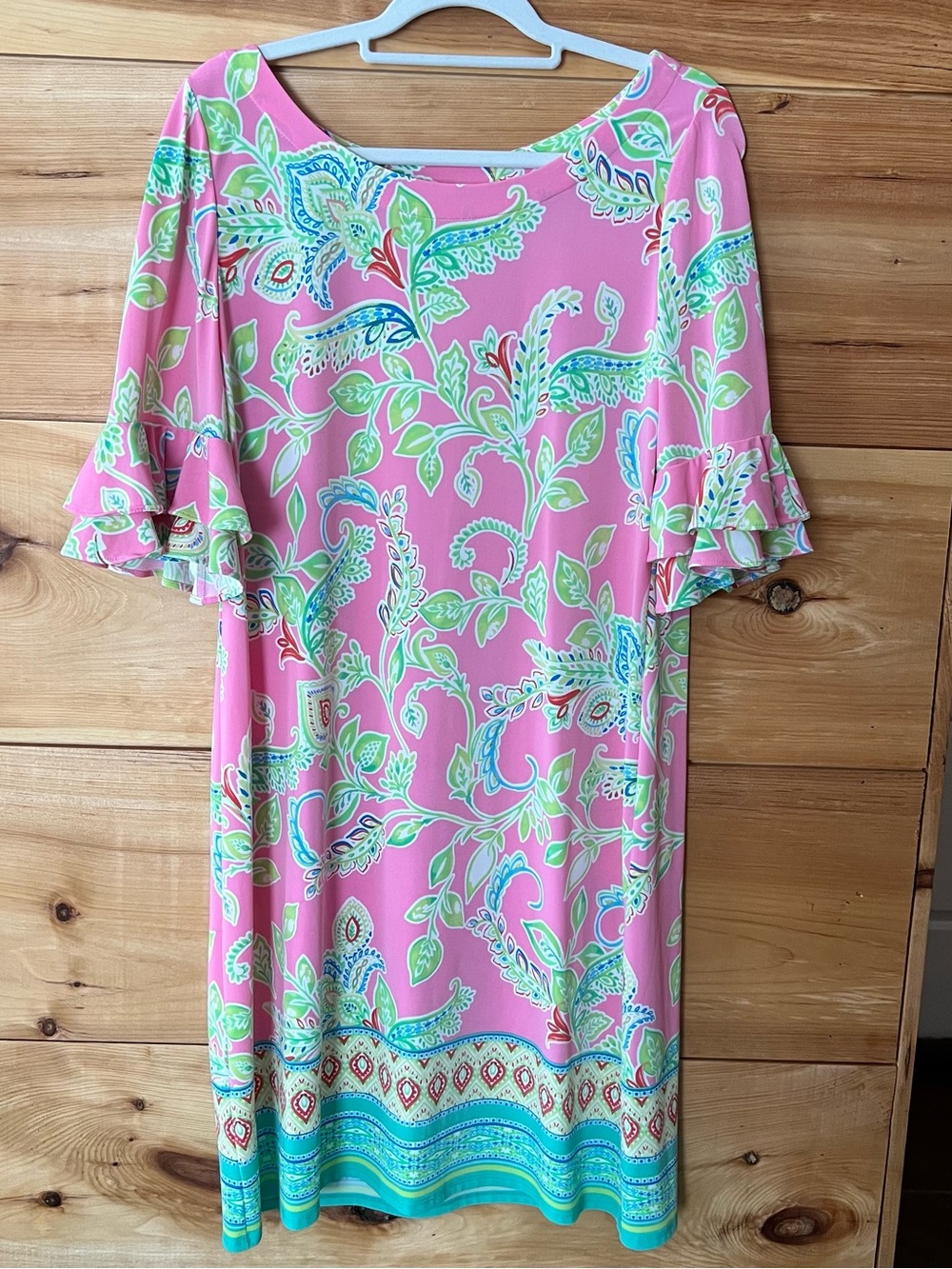 Pappagallo Pink Floral Paisley Midi Dress w/Ruffle Sleeves BohoChic Tropical Joy